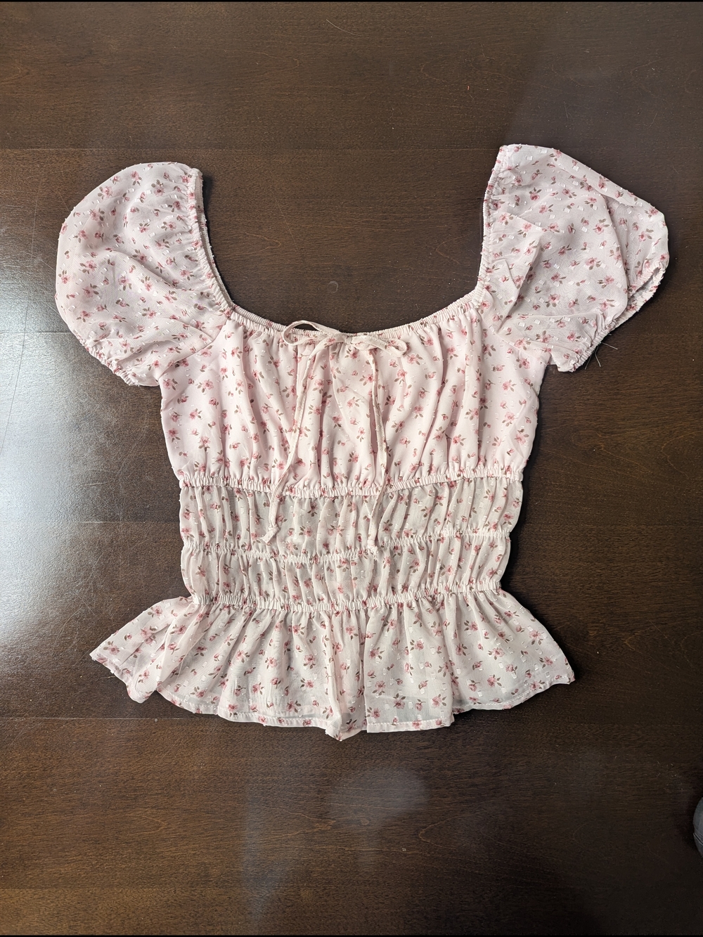 Pink Floral Puff Sleeve Sheer Smocked Top